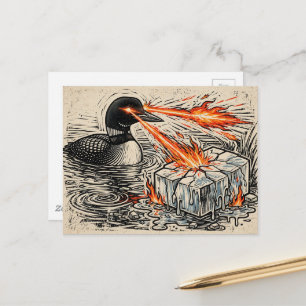 Ein wütender Taucher, der Eis mit Feuer Holzschnit Postkarte