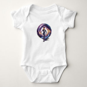 Ein Zeitreisender, der durch ein Portal geht, mit  Baby Strampler