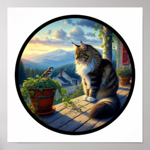 Ein zirkuläres 3D-Bild einer schönen Maine-Coon-Ka Poster