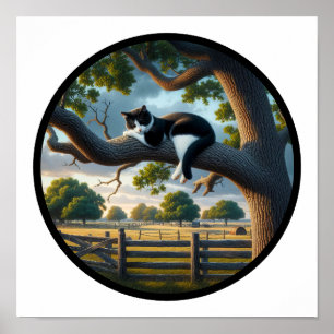 Ein zirkuläres 3D Bild einer schönen Tuxedo Katze Poster