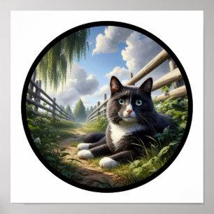 Ein zirkuläres 3D Bild einer schönen Tuxedo Katze Poster