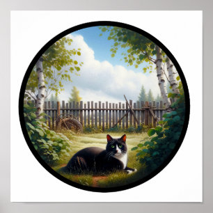 Ein zirkuläres 3D Bild einer schönen Tuxedo Katze Poster