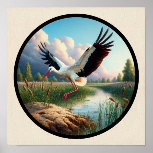 Ein zirkuläres 3D-Bild eines schönen weißen Storch Poster
