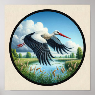 Ein zirkuläres 3D-Bild eines schönen weißen Storch Poster