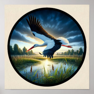 Ein zirkuläres 3D-Bild eines schönen weißen Storch Poster