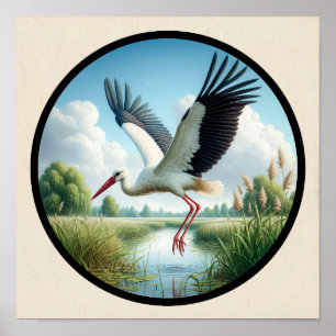 Ein zirkuläres 3D-Bild eines schönen weißen Storch Poster