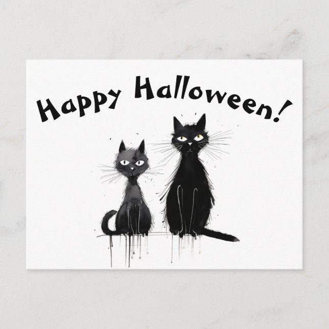Ein zwei schwarze Katzen glückliches Halloween Postkarte (Vorderseite)