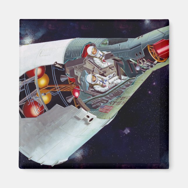 Ein zweiköpfiges Gemini-Raumschiff im Flug entführ Magnet (Vorne)