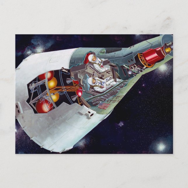 Ein zweiköpfiges Gemini-Raumschiff im Flug entführ Postkarte (Vorderseite)