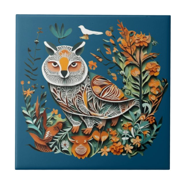 Eindeutiges Design mit Vintage-Eule und Blumen Fliese (Vorderseite)