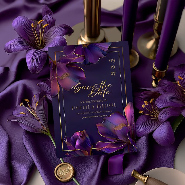 Eindrucksvoll Elegante Leuchtende Veilchen Save th (Modern Elegant Violet Purple Luminous Violets Save the Date Wedding Card )