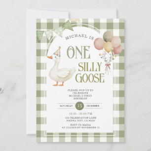 Eine Alberne Gans Birthday Balloon Green Gingham Einladung