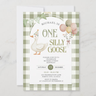 Eine Alberne Gans Birthday Balloon Green Gingham Einladung