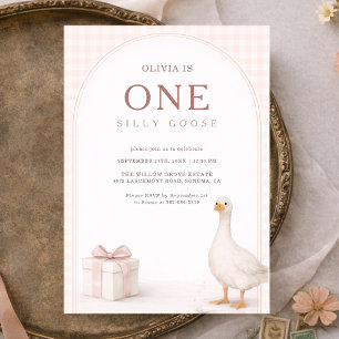 Eine alberne Gans Gingham Rosa Schleife Mädchen 1. Einladung