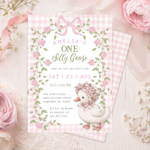 Eine alberne Gans rosa Gingham-Geburtstagsfeier Einladung