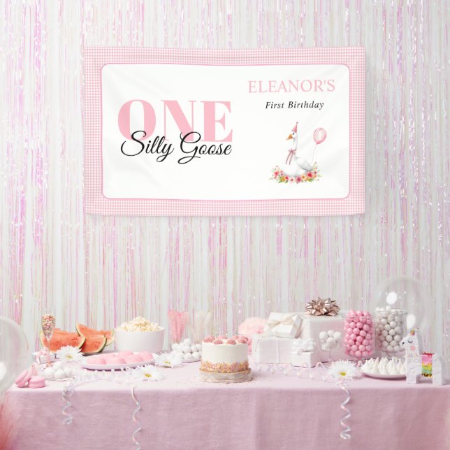 Eine alberne Gans, rosa Gingham Girl's 1. Geburtst Banner (Party)