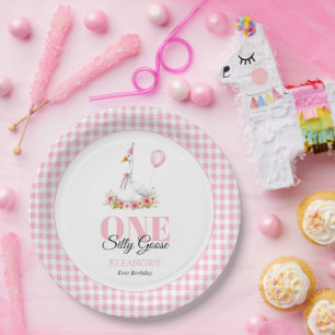Eine alberne Gans, rosa Gingham Girl's 1. Geburtst Pappteller