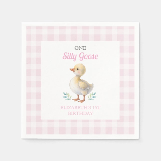 Eine alberne Gans rosa Gingham Mädchen erster Gebu Serviette (Vorderseite)