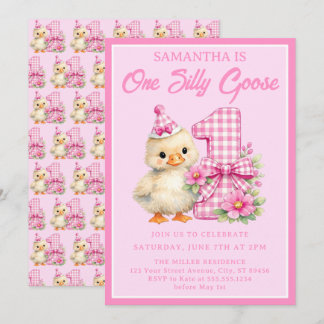 Eine alberne Gans rosa Gingham-Schleife 1. Geburts Einladung
