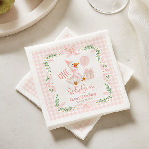 Eine alberne Gans Rosa Schleife Blumen 1. Geburtst Serviette
