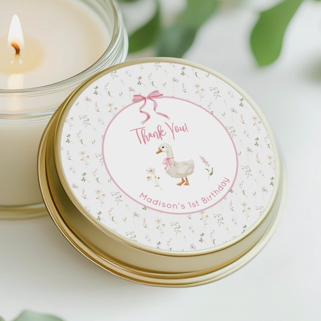 Eine Alberne Gänse-Wildblume Rosa Bow 1. Geburtsta Runder Aufkleber (Von Creator hochgeladen)