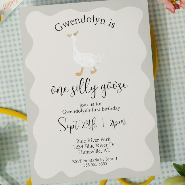 Eine Alberne Goose Funny Niedlich Erster Geburtsta Einladung (one silly goose fun whimsical first birthday party girl boy gender neutral cute watercolor invite)