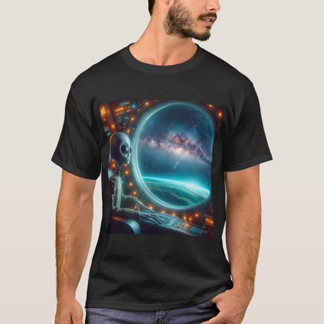 Eine Alien mit Blick auf den T - Shirt des Weltrau (Vorderseite)