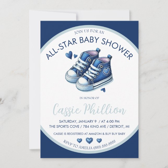 Eine All-Star-Babydusche, blaue Top-Sneakers Einladung (Vorderseite)