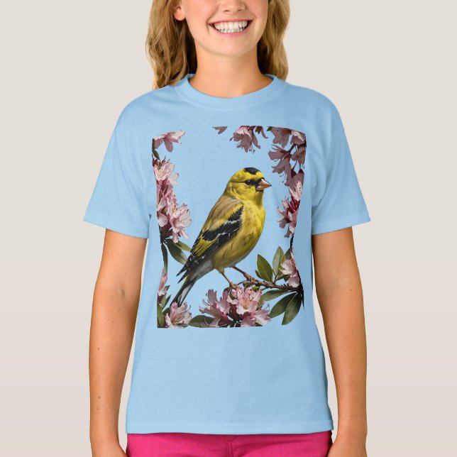 Eine amerikanische Goldfinch umgeben von Rhododend T-Shirt (Vorderseite)
