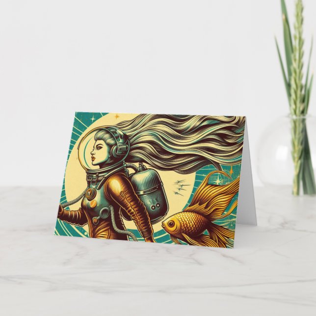 Eine Astronautin und Goldfisch Retro-Jeden Anlaß Karte (Vorderseite)