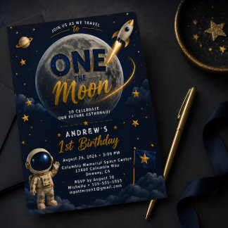 Eine auf dem Mond erste Geburtstagseinladung Blau Einladung