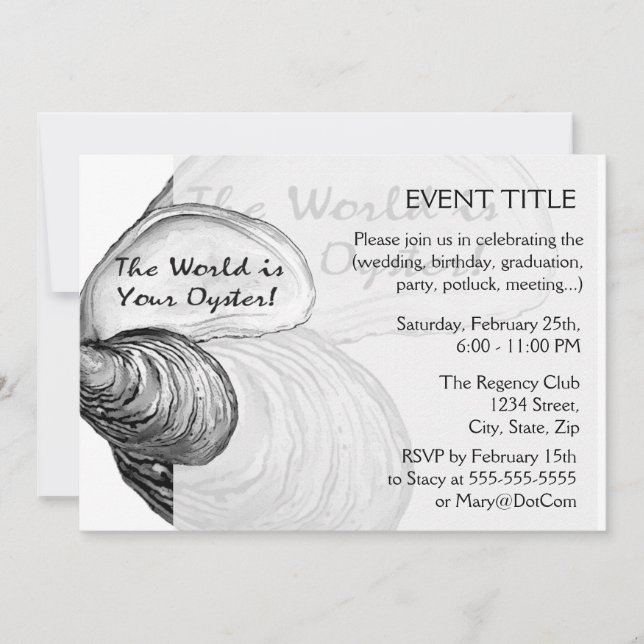 Eine austere Muschel mit dem Sprichwort "Die Welt  Einladung (Vorderseite)