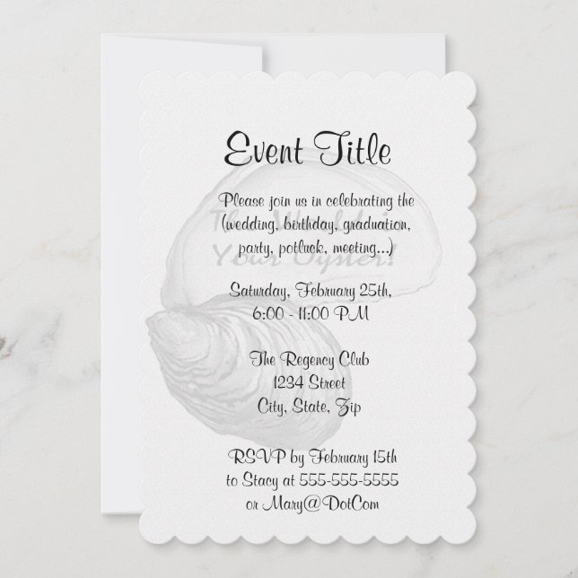 Eine austere Muschel mit dem Sprichwort "Die Welt  Einladung (Vorderseite)