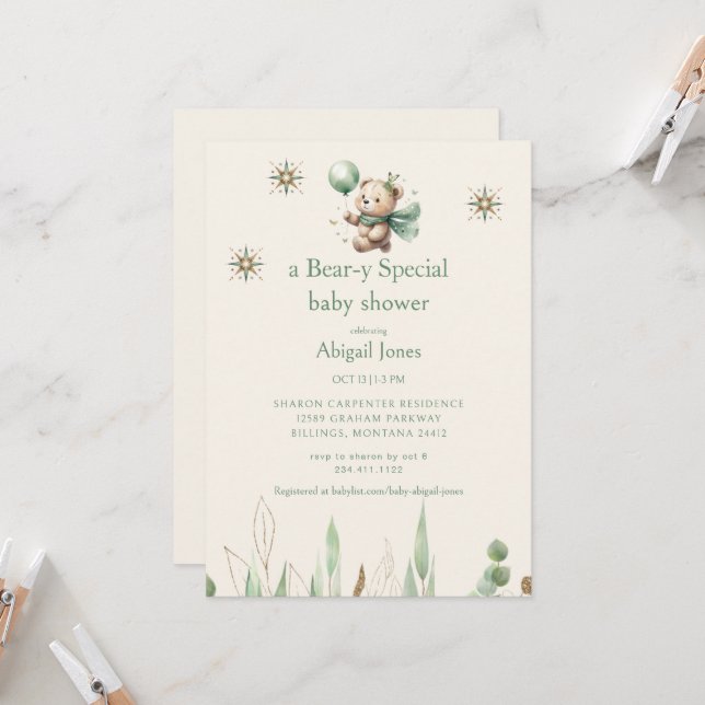 Eine Bärenspezial-Creme-Neutral-Babydusche Einladung (Vorderseite/Rückseite Beispiel)