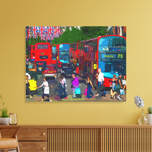 Eine belebte Oxford Street mit Einkäufern und rote Leinwanddruck