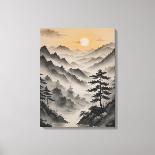 eine Berglandschaft mit Bäumen und Nebel Leinwanddruck (Vorderseite)