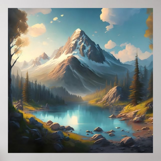 Eine Bergwelt mit See und Berg Poster (Vorne)