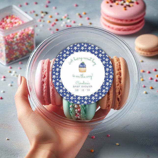 Eine Berry Sweet Baby Boy Dusche Blueberry Square Runder Aufkleber (Von Creator hochgeladen)