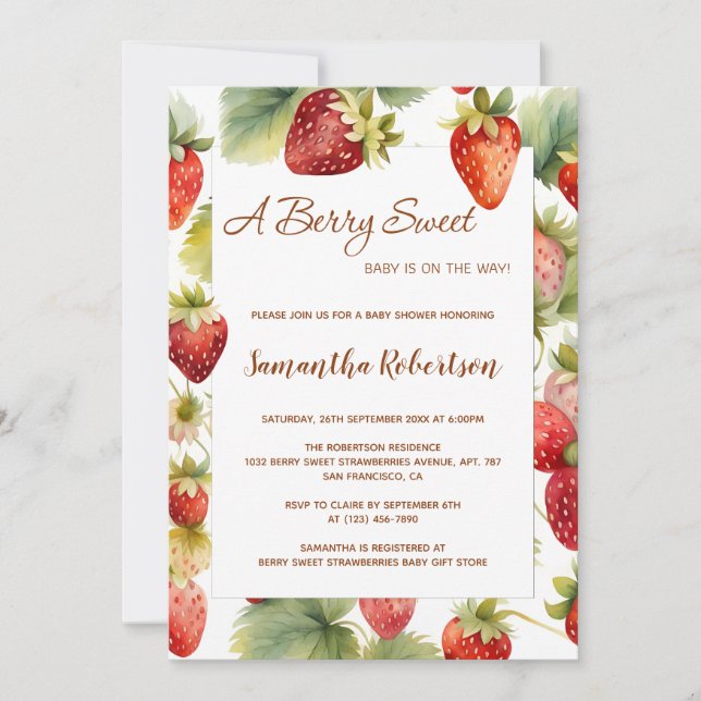 Eine Berry Sweet Watercolor Strawberry Baby Dusche Einladung (Vorderseite)