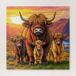 Eine bezaubernde Hochlandkuhfamilie. Puzzle