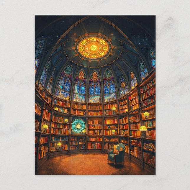 Eine Bibliothek, die zwischen den Sternen schwebt Postkarte (Vorderseite)