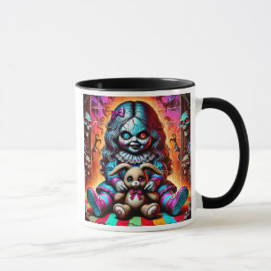 Eine böse Puppe und ihr Plüschkaninchen. Tasse