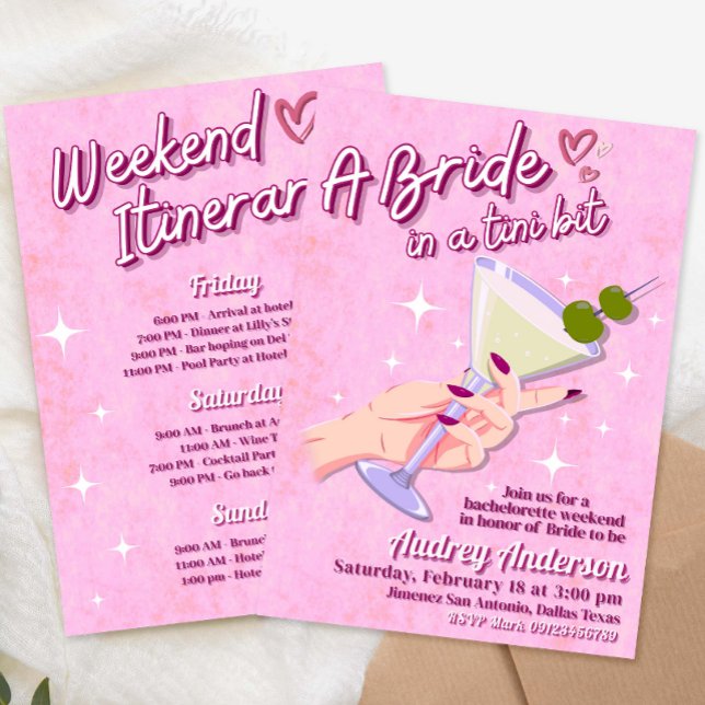 Eine Brücke in Tini Bit Bachelorette Wochenendreis Einladung (A Bride in Tini Bit Bachelorette Weekend Itinerary Invitation
)