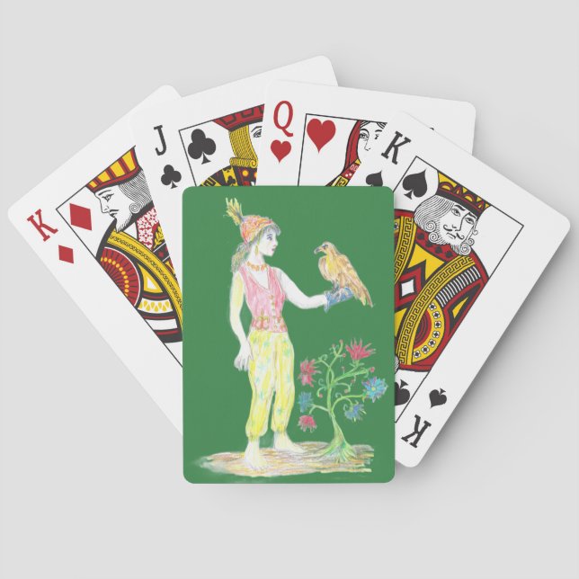 Eine Buntstiftzeichnung einer Frau Spielkarten (Rückseite)