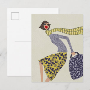 Eine Chic Fall Windy Day Fashion Illustration Postkarte