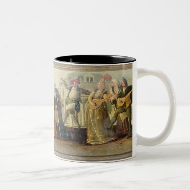 Eine Commedia- dell'arteTruppe vor einer Zweifarbige Tasse (Rechts)