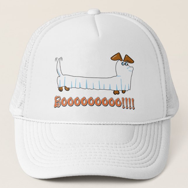 Eine Dackel in einem Blatt als Geist zu Halloween Truckerkappe (Vorderseite)