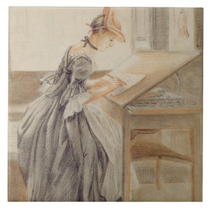 Eine Dame Copying an einem zeichnenden Tisch, Fliese