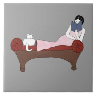Eine Dame, eine Katze und Buch-Keramik-Fliese A Fliese