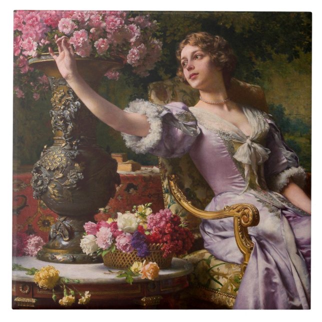 Eine Dame in einem Lilac-Kleid mit Blume Fliese (Vorderseite)